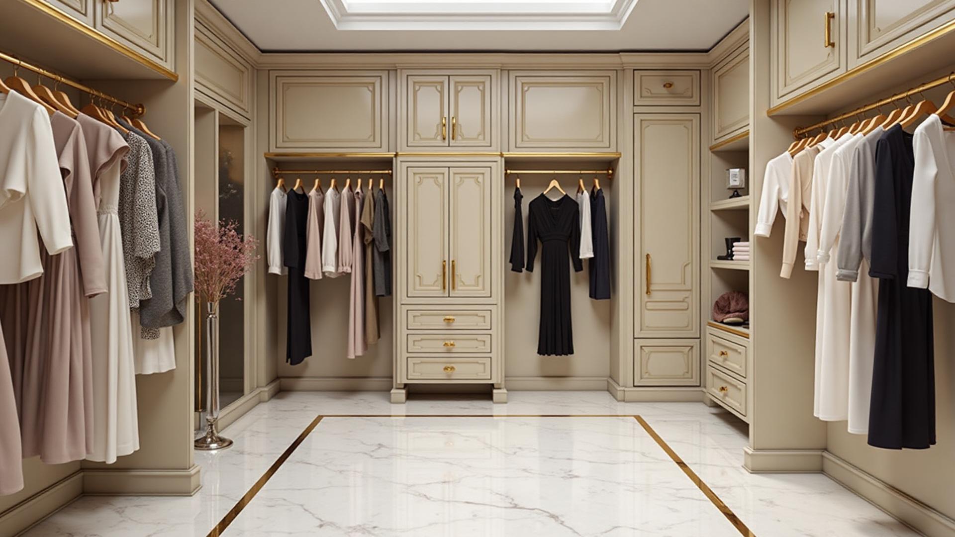 A luxury walk-in closet styled like a high-end boutique