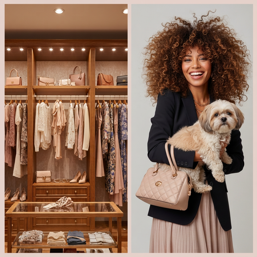 Stella of StellaStyle with her Shih-Tzu beside a luxury boutique-style closet